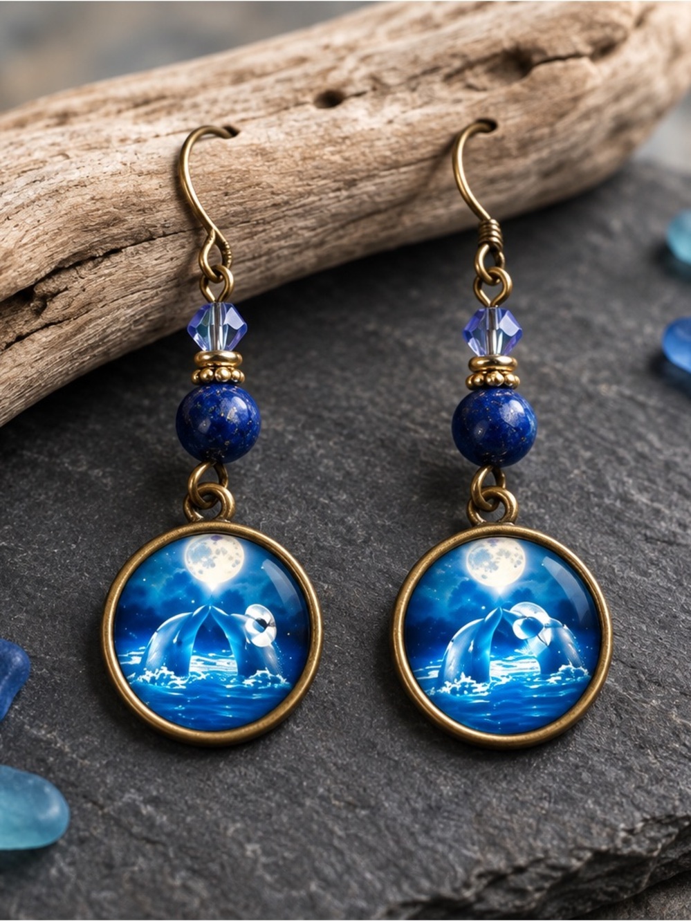 Fashion Jewelry Blue Dolphin Moon Drop Earrings